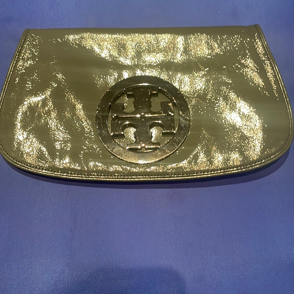 Tory Burch grey/silver metallic clutch.